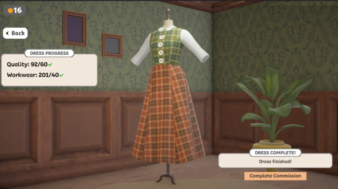 A handmade checked dress displayed on a mannequin in Dressmaker